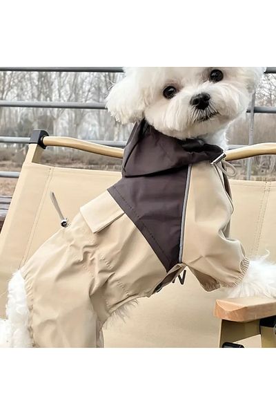 For a Fur Beige Brown Waterproof Dog Raincoat Hooded Jumpsuit