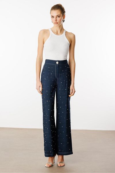 Moda İlgi Modailgi Back Belt Elastic Pearl and Stone Detailed Pants - 15023 Navy Blue