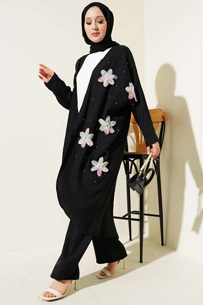 Lavanta Tekstil Μαύρο Τριπλό Σετ με Τούλι Floral Κιμονό