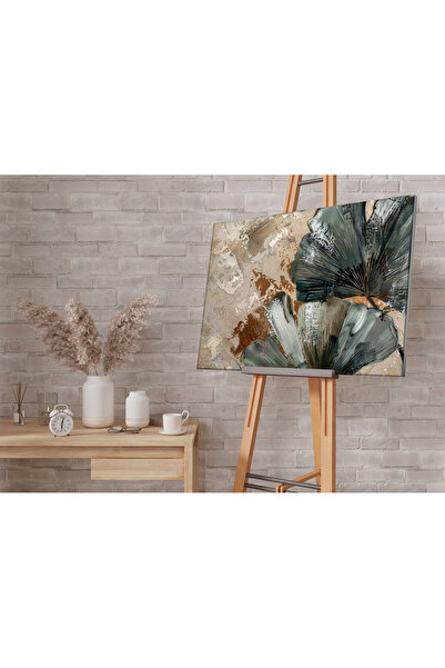 Harikabirev | Gri KAHVE Renk YAPRAK DesenliMODEL | TEKLİ YATAY KANVAS TABLO