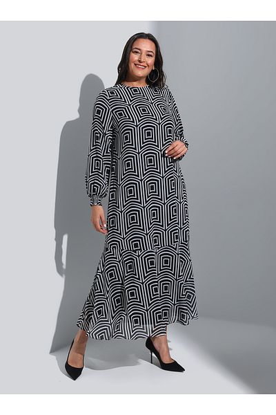 ALİA Plus Size Patterned Chiffon Hijab Dress - Black - Alia