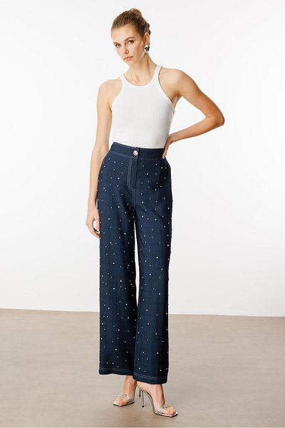 Moda İlgi Modailgi Back Belt Elastic Pearl and Stone Detailed Pants - 15023 Navy Blue