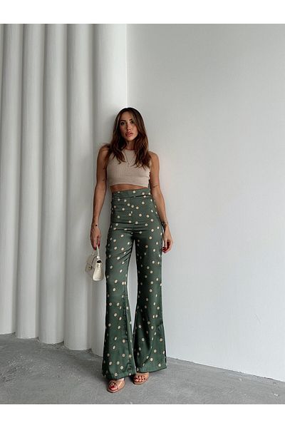 Maldia Shop Women's Satin Fabric Leg Slit, Elastic Waist, Side Zipper Wide Leg Trousers