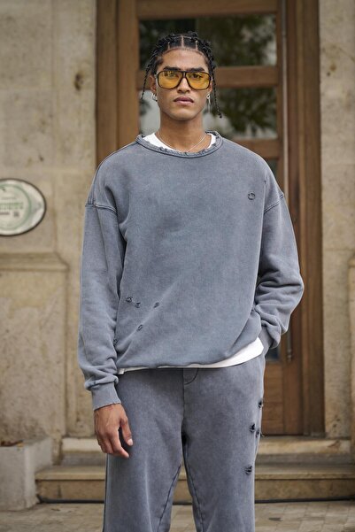 VAMOSCLO Premıum Yıkamalı Yırtık Detaylı Oversize Eşofman Takım Antrasit