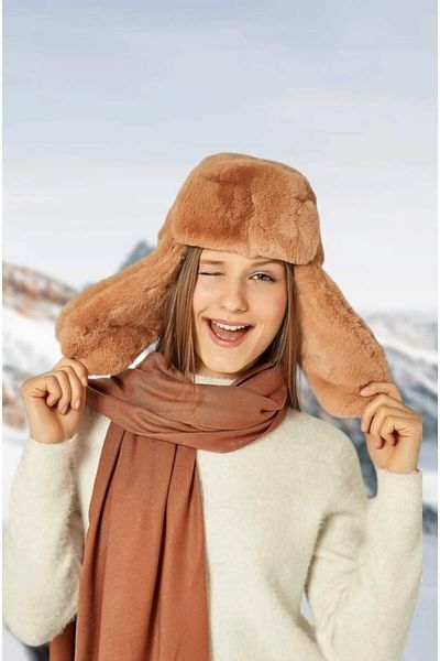 roseberry Brown Fur Trapper Hat with Snap Fastener Soft Plush Ear Protectors - R1041