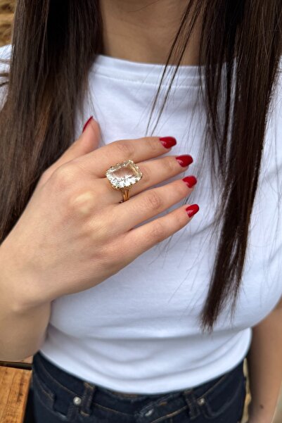 Utku Kuyumculuk 14 AYAR ŞEFFAF KRİSTAL TAŞLI ÖZEL TASARIM EL İŞİ ALTIN YÜZÜK