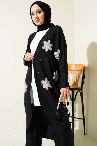 Lavanta Tekstil Μαύρο Τριπλό Σετ με Τούλι Floral Κιμονό