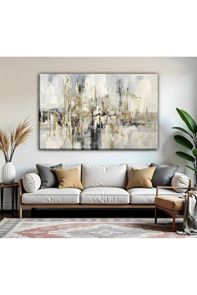 Harika bir ev | Gri Gold SOYUT Desenli Modeli| TEKLİ YATAY KANVAS TABLO