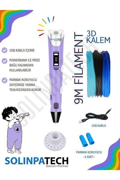 SolinpaTech 3D Pen Three-Dimensional Printer Pen Printer-Purple (3 Pcs 3Metre Filament -9Metre- and USB Cable Included)