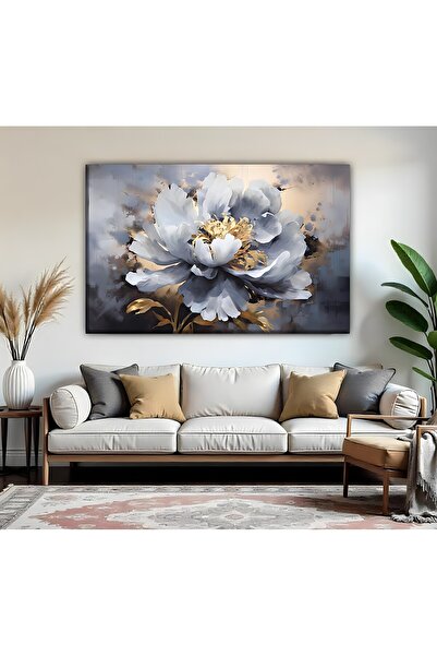 Harikabirev | Gri Gold Soft ÇİÇEK Desenli Modeli01 | TEKLİ YATAY KANVAS TABLO