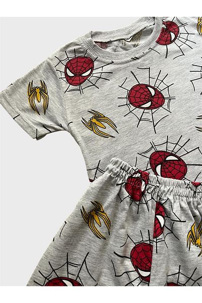 ALİŞ KİDS Boys' Cotton Gray Spiderman Patterned Short Sleeve Shorts Summer Pajama Set