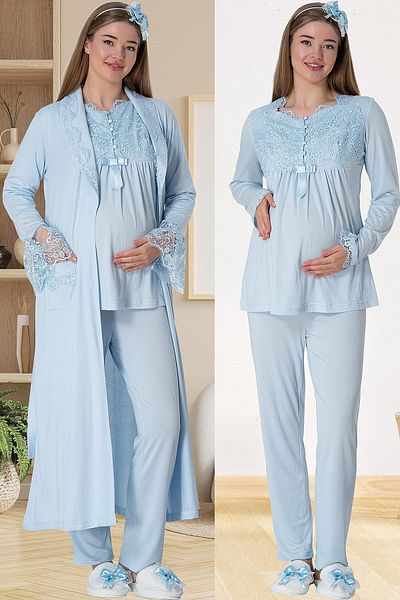 LOHOUSE Women's Blue Special Lace Maternity Maternity Dressing Gown 3-Piece Pajama Set