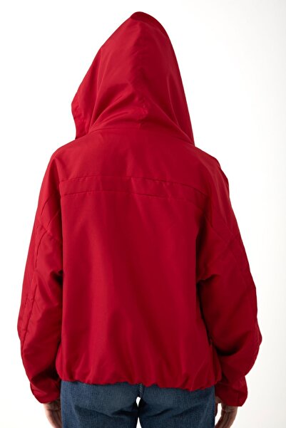 freemen Sports Women's Red Hooded Windproof Seasonal Raincoat with Pocket Inside