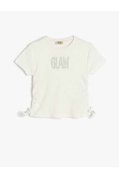 Koton Crew Neck Crop T-Shirt with Drawstring Detail and Slogan Printed Cotton