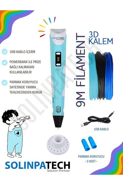 SolinpaTech 3D Pen Blue Three Dimensional Printer Pen - 3 Adept 3 Meter Filament (9 Meters) and USB Cable Included