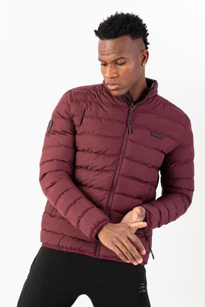 MARATON معطف رجالي عادي ياقة مرتفعة متوسطة الطول باللون الأحمر الداكن