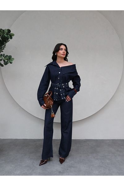 ESRAHELVACI Belted Asymmetrical Collar Denim Suit