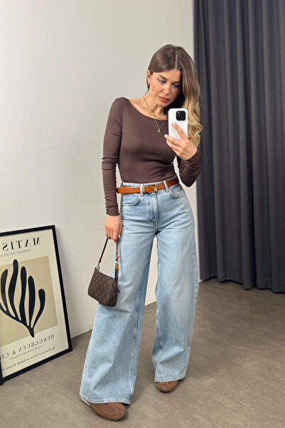 Sue Store Καφέ λεπτή υφή βαμβακερή μπλούζα