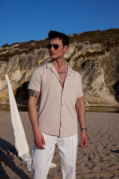 Pobudo Cream Color Textured Short Sleeve Men's Shirt