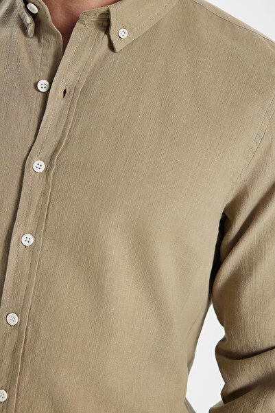 Tudors Men's Slim Fit Slim Fit 100% Cotton Linen Texture Button Collar Mink Shirt