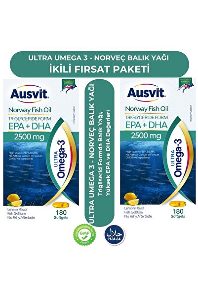 Ausvit Ultra Omega - 3 Norway Fish Oil Epa+dha 2500mg - 180 Softgels, Two Boxes