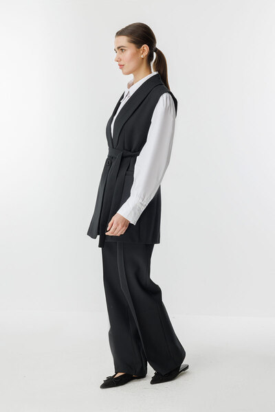 Hooopstore SHAL COLLAR VEST CREPE SET - BLACK