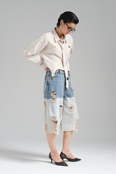 tw3 Kadın Yıkama Detaylı Tasarım Bermuda Şort