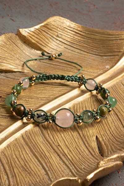 ÇAKRA DOĞAL TAŞ Sertifikalı Doğal Pembe Kuvars, Unakit, Aventurin, Yeşim ve Prehnit Taşı Bileklik