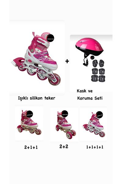 TOPROCKSTORE Lighted Children's Skates Adjustable Silicone Wheels Braked Metal Body Skates and Helmet Knee Pad Set