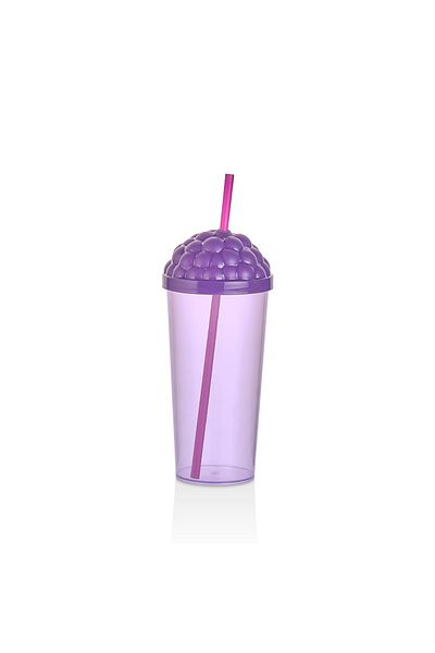 MUF HOME Blackberry Patterned Fun Design Storage Container and Glass with Straw 800Ml+700Ml Set of 2