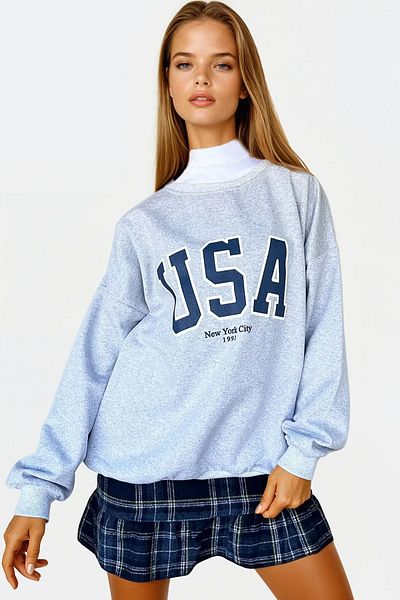 VAGGON Women's Gray Crew Neck Raised Front Printed Oversize Sweatshirt Fn00005