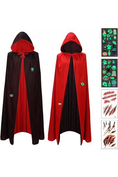 MAXEE STORE Halloween cape set and 4 sheets of Maxee fluorescent stickers, textile, red/black, 173 cm