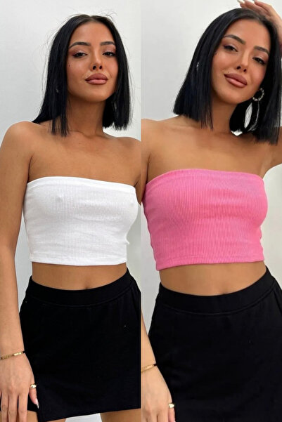 KaSheHa 2'li Paket Beyaz Pembe Tam Esnek Mevsimlik Kumaş Straplez Büstiyer 25 Cm