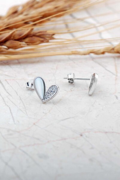 Sümer Telkari Sedef Taşlı Rodyumlu Kalp Mini Gümüş Küpe 7280