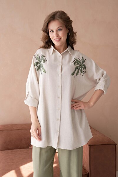 BURRASCA قميص كتان كبير الحجم مطرز بالخرز