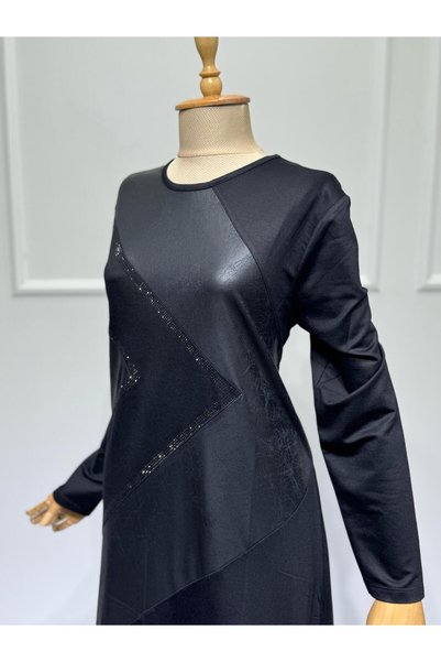 ModaMinar Women's Black Crystal Combed Fabric Leather and Stone Detailed Dress