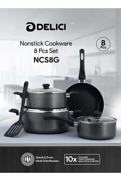 DELICI 8-pcs Nonstick Cookware Set, 10x Tougher, Pfoa-free Glass Lids, Multi-cooktop Dishwasher Safe