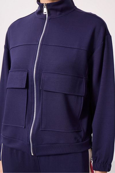 TOMMY LIFE Dark Purple Stand Collar Oversize Cargo Pocket Women's Crop Top Sweatshirt 97301