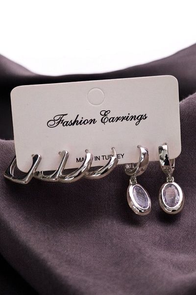 EUROMODA Dropdesigned White Stone Dangle Earrings Hoop Earrings Set of 3