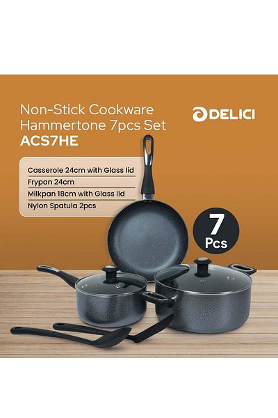 DELICI 7pcs Granite Cookware Set White Spatter Non-stick 1 Saucepan & Pan Pan With Lids 24cm Fry Pan