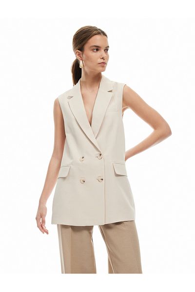 Koton New Season Viscose-Linen Blended Sleeveless Double Breasted Oversize Blazer Vest