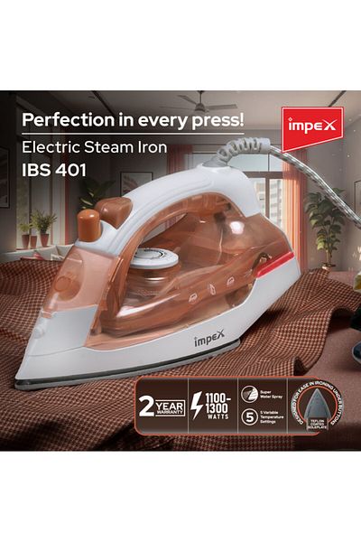 İMPEX Impex Electric Steam Iron Box IBS 401-1300W, Teflon Sole Plate,5 Temp Settings, Overheat Protection