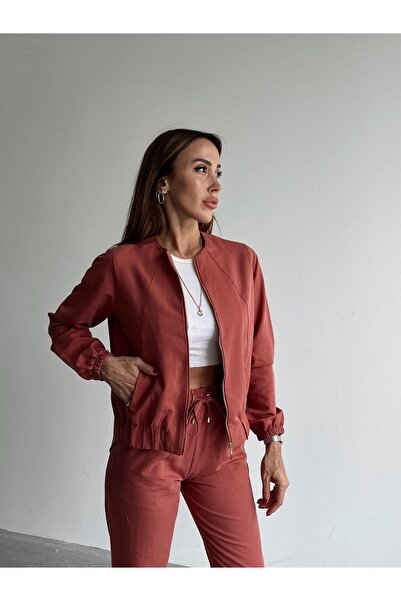 Maldia Shop Women's Zippered Jacket Pants Bottom-Top Dusty Rose Set