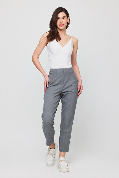 Human Base Kadın Gri Yüksek Bel Havuç Kesim Kumaş Pantolon - Bilek Boy Pantolon