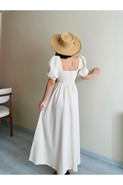 Vienna Wear Kadın Düğmeli Balon Kol Keten Elbise
