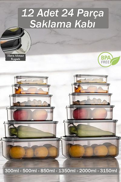 Buclee 24 Piece Rectangular Storage Container Set, Kitchen Organizer and Ration Bpa Free