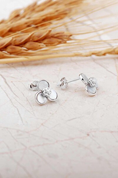 Sümer Telkari Sedef Taşlı Rodyumlu Yonca Mini Gümüş Küpe 7275