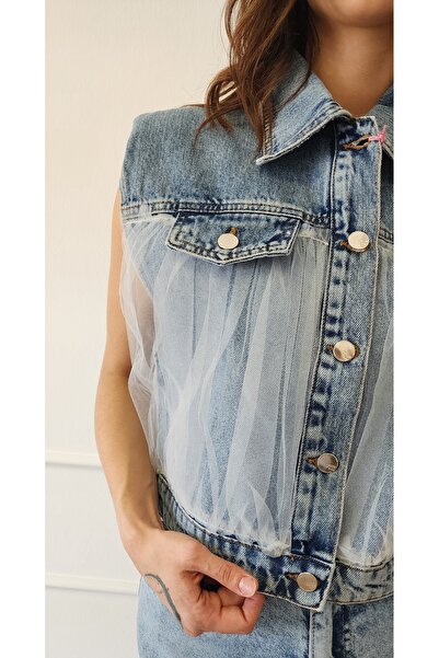 My Boutique Τζιν γιλέκο με λεπτομέρεια από τούλι