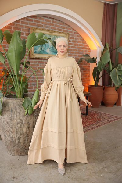 Nissra Ankanoor Light Beige Double Banded Casual Dress Anka 255069