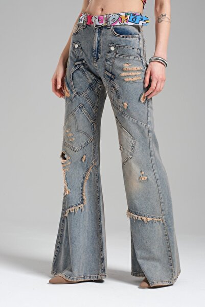 tw3 Γυναικείο τζιν με σχισμένο σχέδιο με λεπτομέρεια και ισπανικό στυλ